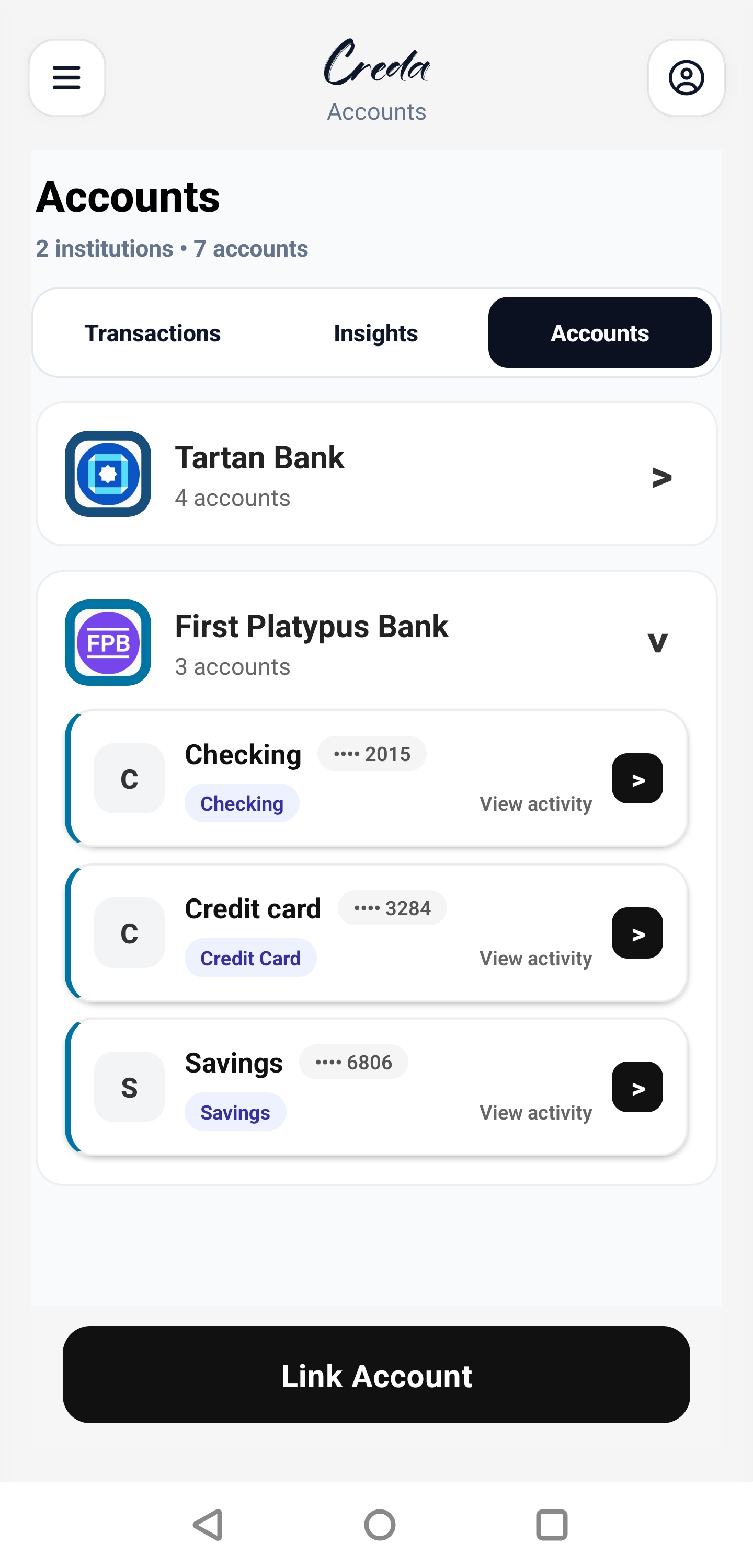 Creda Accounts screen